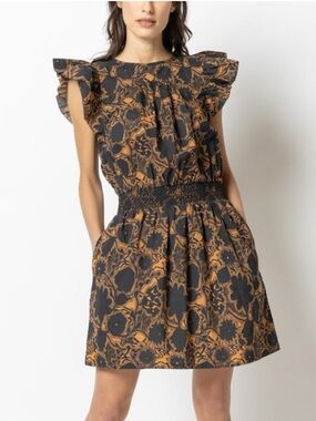Lilla P Black & Brown Floral Flutter Sleeve Smocked Waist Mini Dress